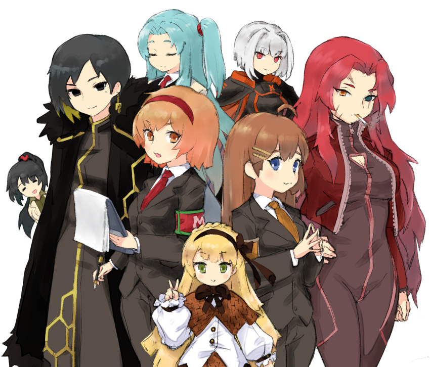 6+girls, ahoge, angela_(project_moon), armband, armor, asymmetrical_hair, binah_(project_moon), black_armor
