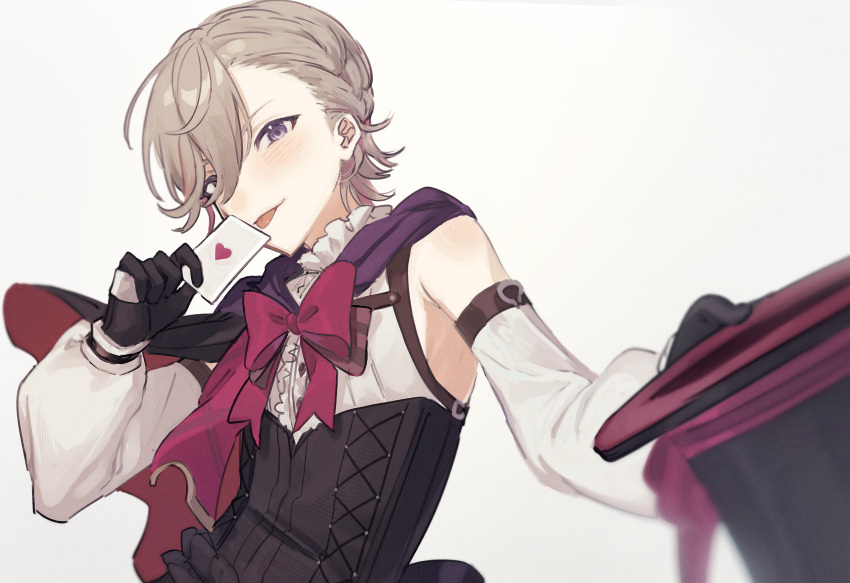 1boy, androgynous, black_corset, black_gloves, black_headwear, blush, bow, bowtie