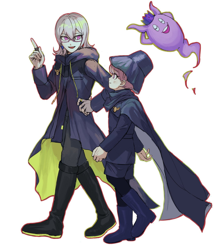 1boy, 1other, black_cape, black_coat, black_footwear, black_headwear, black_jacket, black_shorts, blue_footwear, boots, cape, closed_eyes, closed_mouth, coat, commentary_request, crown, full_body, ghost, glasses, grey_hair, hair_between_eyes, hand_on_own_hip, hat, highres, hood, hood_down, hooded_coat, index_finger_raised, jacket, jewelry, knee_boots, kokohead_yuma, long_sleeves, looking_at_another, master_detective_archives:_rain_code, nasubinonono, nightmare_halara, open_mouth, pants, pink-framed_eyewear, pink_eyes, ring, semi-rimless_eyewear, shinigami_(rain_code), short_hair, shorts, simple_background, smile, violet_eyes, walking, white_background