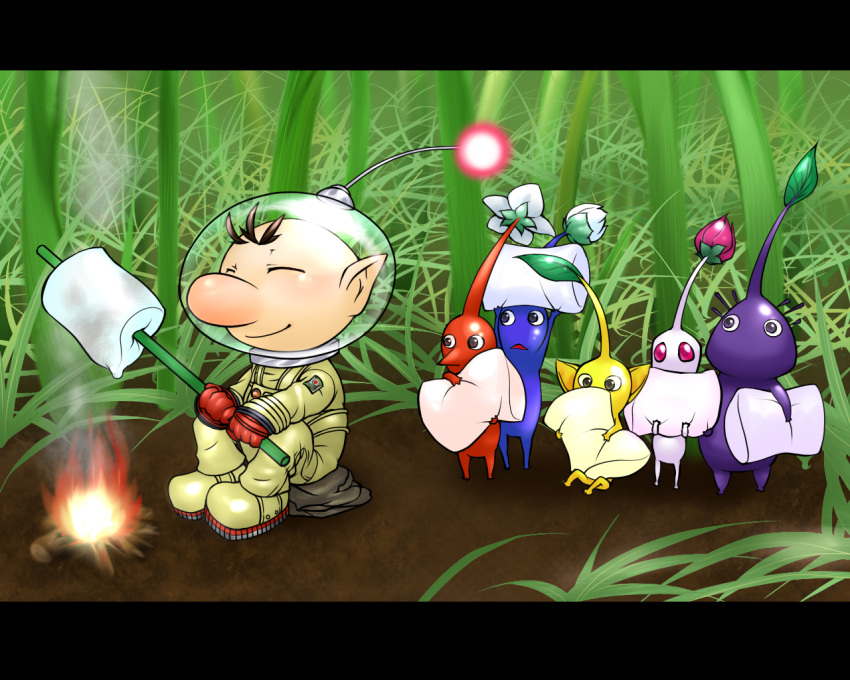 1boy, alien, arms_up, big_nose, black_eyes, blue_pikmin, blue_skin, blush