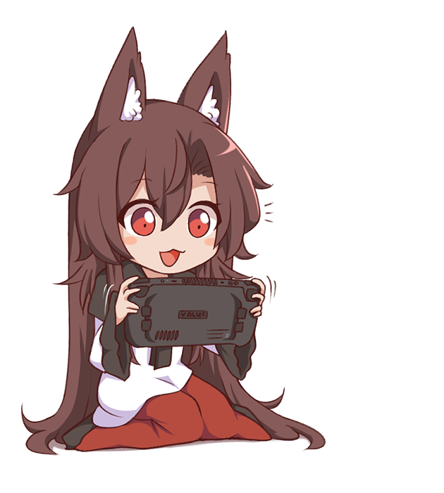 1girl, animal_ears, brown_hair, chibi, fox_ears, fox_girl, imaizumi_kagerou, jacket, logo_parody, long_sleeves, playing_games, red_eyes, red_skirt, sitting, skirt, solo, steam_deck, touhou, valve, white_background, white_jacket, wool_(miwol)
