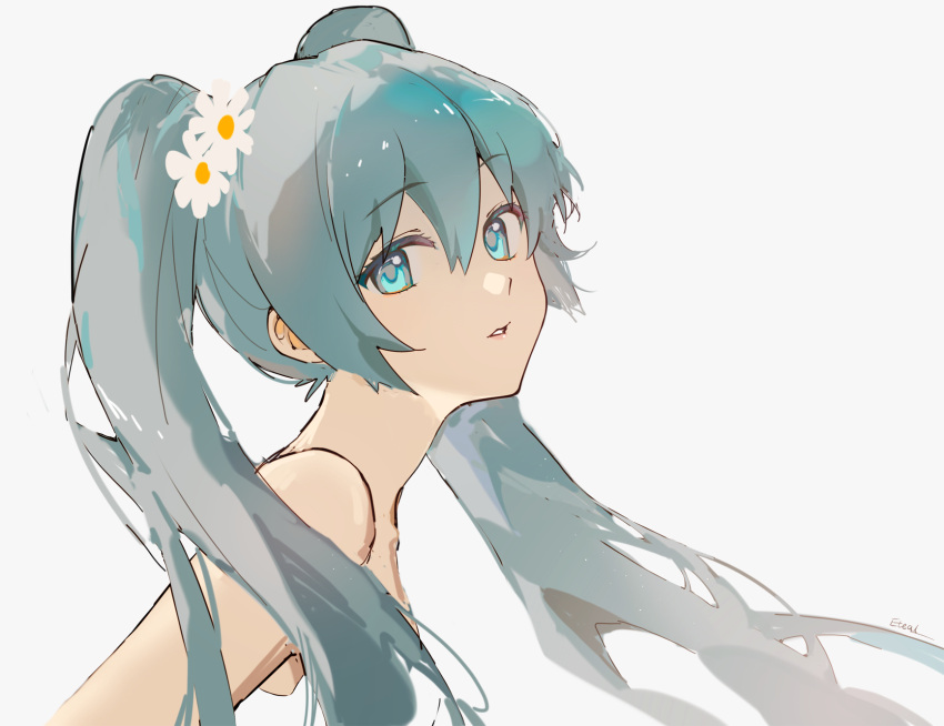 1girl, aqua_eyes, aqua_hair, bare_shoulders, commentary_request, flower, from_side, hair_between_eyes