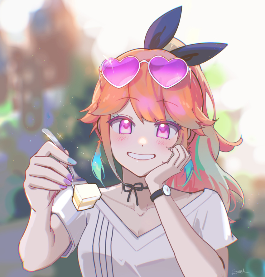 1girl, artist_name, black_ribbon, blurry, blush, breasts, collarbone, commentary_request, depth_of_field, earrings, eyewear_on_head, feather_earrings, feathers, fork, gradient_hair, hair_ribbon, hand_up, head_rest, heart, heart-shaped_eyewear, highres, holding, holding_fork, hololive, hololive_english, incoming_food, jewelry, long_hair, looking_at_viewer, medium_breasts, multicolored_hair, neck_ribbon, open_mouth, orange_hair, pink_hair, ponytail, rainry, ribbon, shirt, short_sleeves, smile, solo, takanashi_kiara, upper_body, violet_eyes, virtual_youtuber, watch, watch, white_shirt
