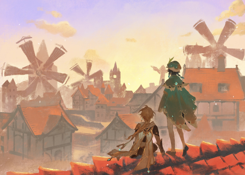 2boys, absurdres, aether_(genshin_impact), ahoge, arm_armor, back, beret, black_footwear