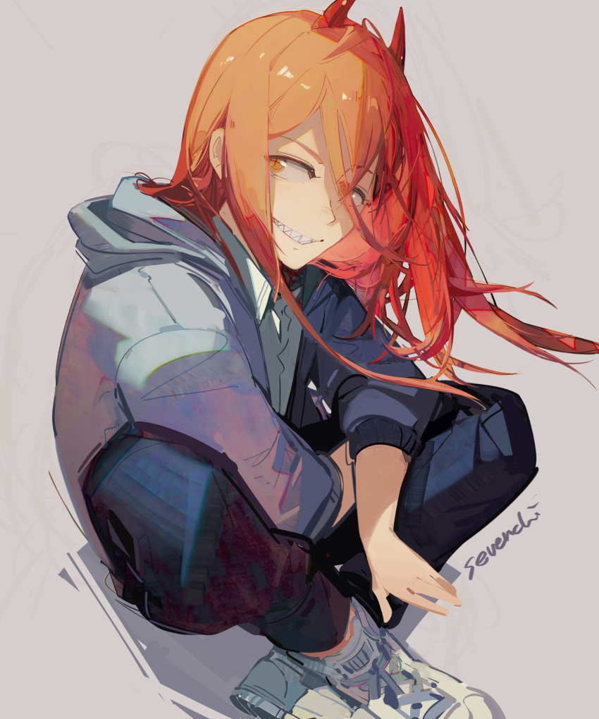 1girl, artist_name, blue_hoodie, brown_hair, chainsaw_man, collared_shirt, cross-shaped_pupils, hair_over_one_eye
