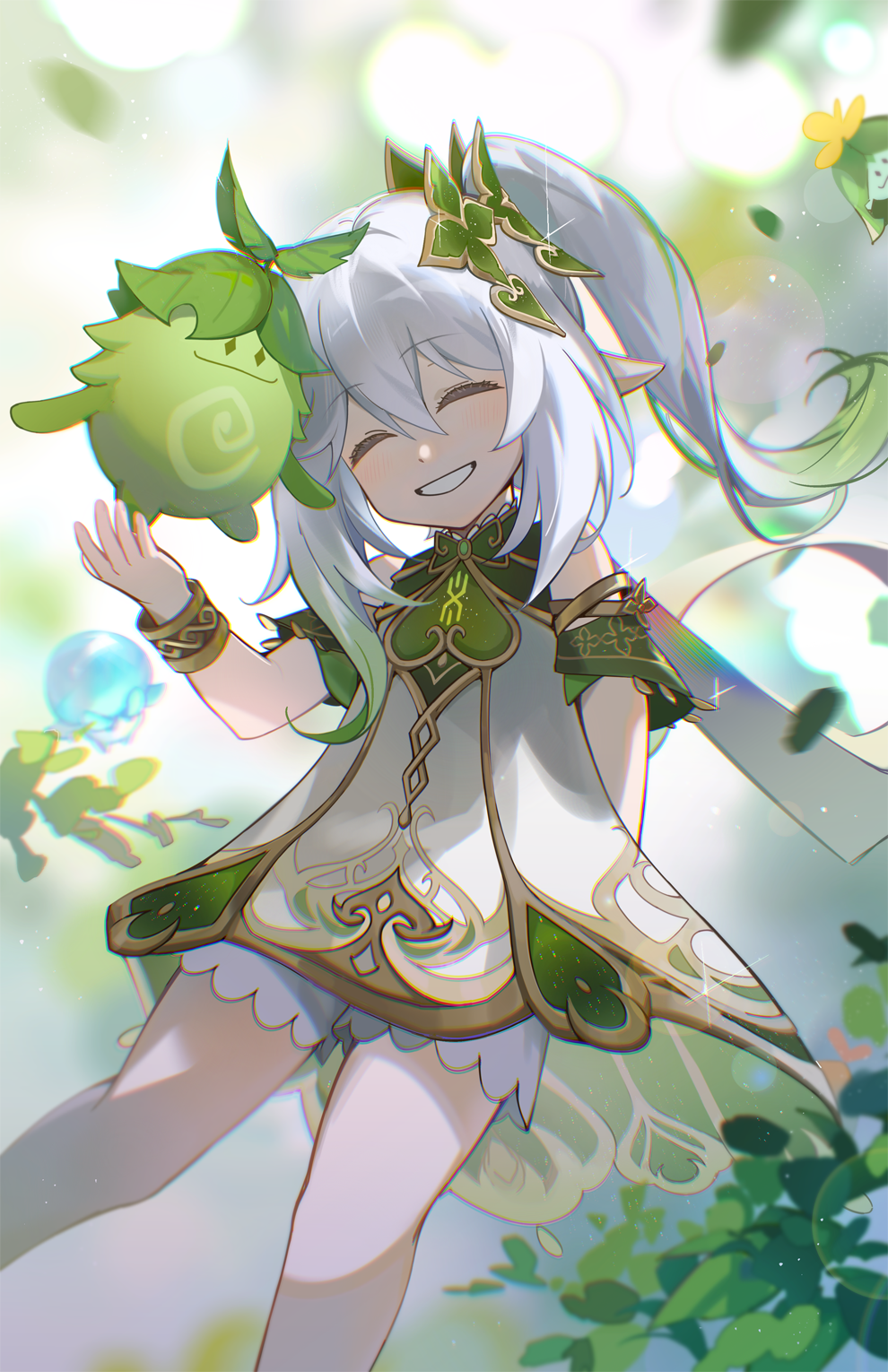 1girl, aranara_(genshin_impact), blurry, closed_eyes, commentary, depth_of_field, detached_sleeves, dress