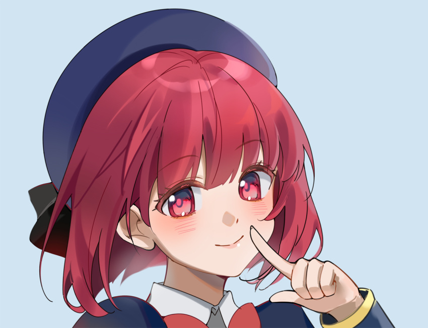 1girl, arima_kana, beret, blue_background, blue_headwear, blush, bob_cut, closed_mouth