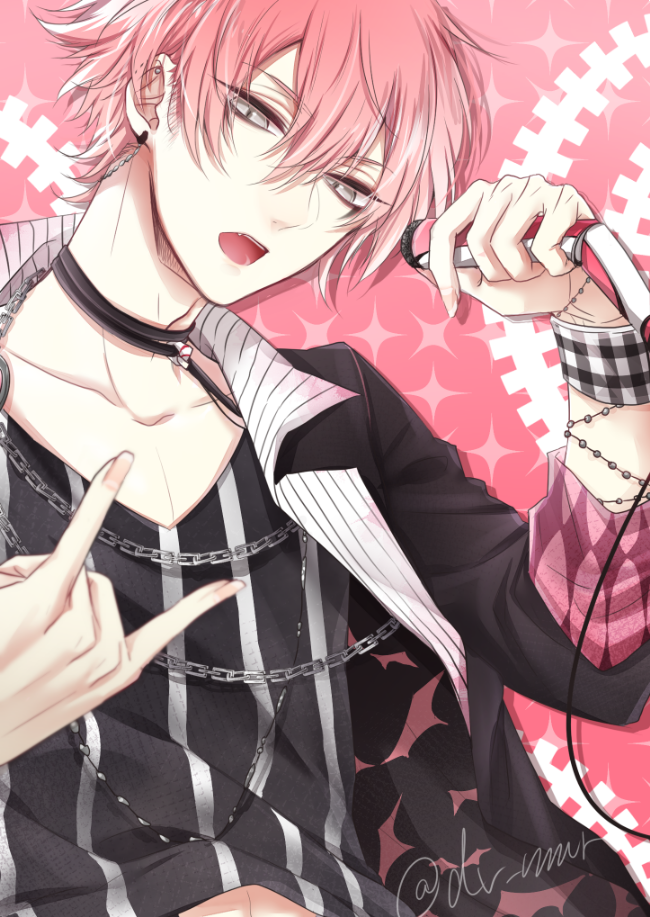 1boy, \n/, chain_necklace, dear_vocalist, ear_piercing, earrings, fingernails, grey_eyes, hair_between_eyes, holding, jewelry, long_sleeves, looking_at_viewer, male_focus, midriff_peek, mimura_(men0725), necklace, open_mouth, piercing, pink_hair, re-o-do, shirt, sleeves_past_elbows, solo, star_(symbol), striped, striped_shirt, teeth, twitter_username, upper_body, upper_teeth_only