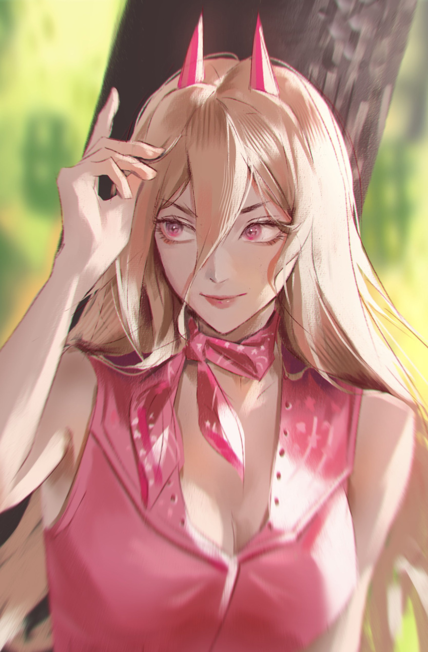 1girl, absurdres, bandana, barbie_(character), barbie_(character)_(cosplay), barbie_(franchise), barbie_(live_action), blonde_hair, blurry, blurry_background, chainsaw_man, cosplay, cross-shaped_pupils, facing_to_the_side, hair_between_eyes, highres, kozzz_y, long_hair, pink_bandana, pink_eyes, pink_horns, pink_vest, power_(chainsaw_man), solo, symbol-shaped_pupils, tree, vest