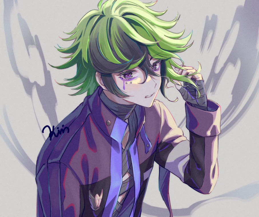 1boy, bandaged_chest, bandaged_hand, bandaged_neck, bandages, black_hair, commentary_request, eye_piercing, green_hair, grey_background, hair_between_eyes, hand_in_own_hair, hand_up, holding, holding_hair, jacket, kina_kirin, long_sleeves, looking_at_viewer, male_focus, master_detective_archives:_rain_code, multicolored_hair, open_mouth, purple_eyeliner, purple_jacket, short_hair, solo, streaked_hair, twilight_vivia, upper_body, violet_eyes