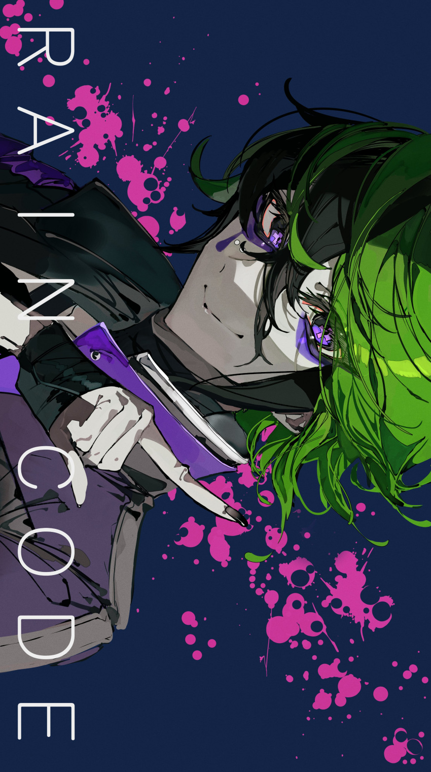 1boy, absurdres, bandaged_hand, bandages, blood, blood_splatter, closed_mouth, commentary_request, copyright_name, eyeliner, green_hair, hair_between_eyes, highres, index_finger_raised, jacket, looking_at_viewer, makeup, male_focus, master_detective_archives:_rain_code, multicolored_hair, mura_karuki, pink_blood, purple_eyeliner, purple_jacket, short_hair, sideways, smile, solo, streaked_hair, twilight_vivia, upper_body, violet_eyes