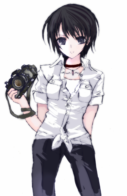 black_eyes, black_hair, blush, camera, collar, fatal_frame, fatal_frame_3, jeans