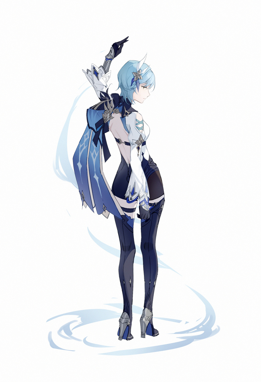1girl, absurdres, arm_armor, arm_up, back, bare_back, black_footwear, black_gloves