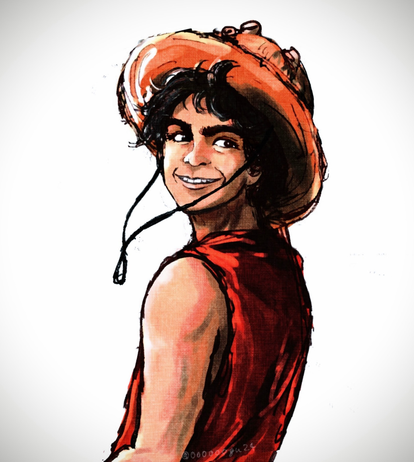 1boy, bare_shoulders, black_hair, cosplay, curly_hair, hand_on_headwear, hat, highres, monkey_d._luffy, one_piece, oooooogu24, open_mouth, portrait, short_hair, smile, solo, solo_focus, straw_hat, teeth