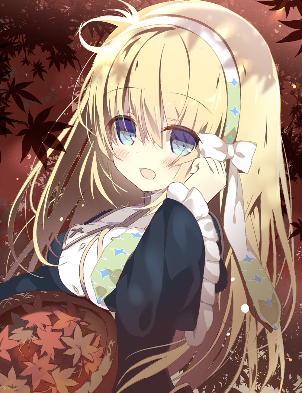 1girl, :d, artist_request, autumn, autumn_leaves, basket, black_dress, blonde_hair