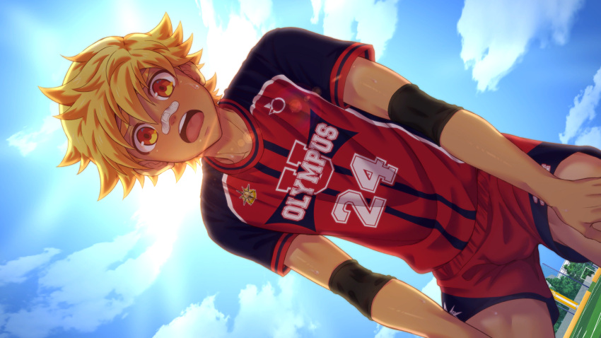 1boy, bandaid, bandaid_on_face, bandaid_on_nose, black_armband, blonde_hair, blue_sky, clouds