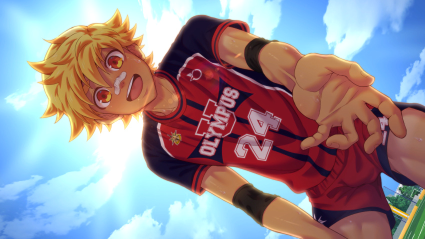 1boy, bandaid, bandaid_on_face, bandaid_on_nose, black_armband, blonde_hair, blue_sky, clouds