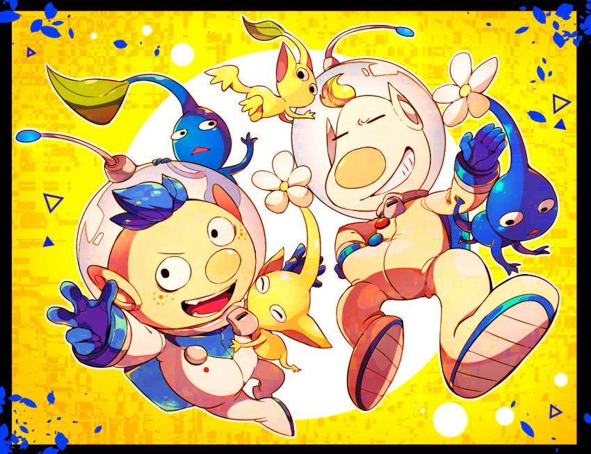 2boys, alien, alph_(pikmin), backpack, bag, big_nose, black_eyes, blonde_hair