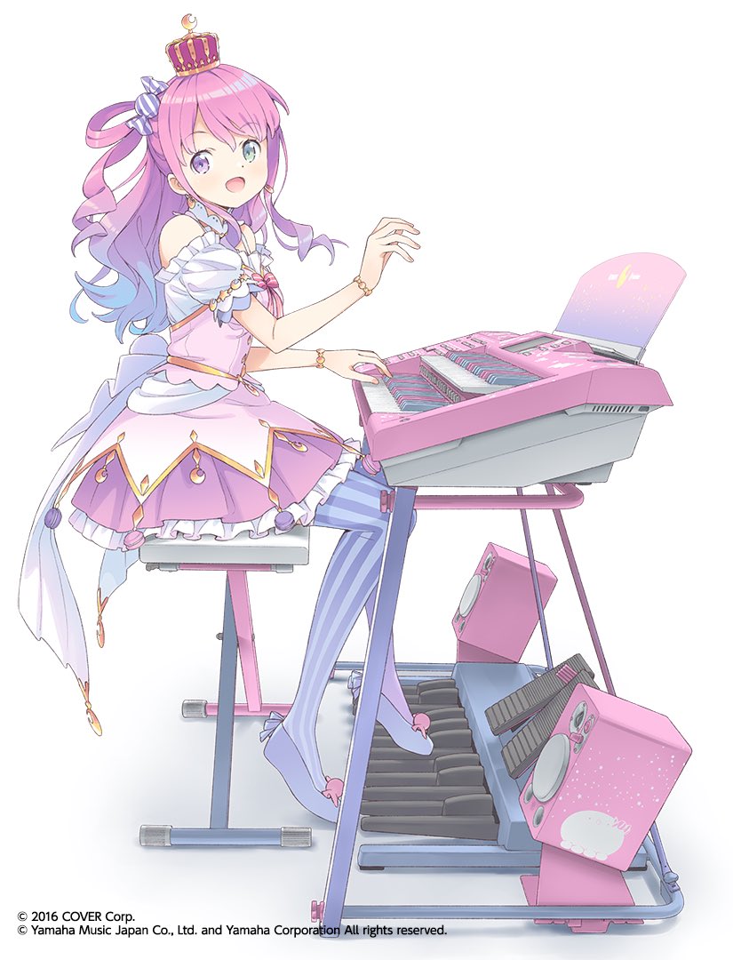 1girl, blue_hair, bracelet, breasts, candy_hair_ornament, commentary_request, copyright, crown