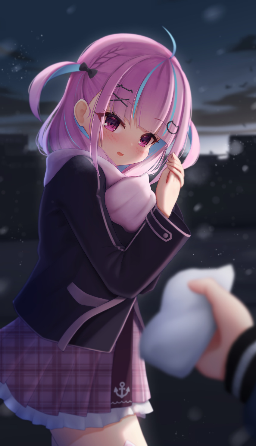 1girl, 1other, absurdres, ahoge, anchor_print, black_bow, black_jacket, blue_hair