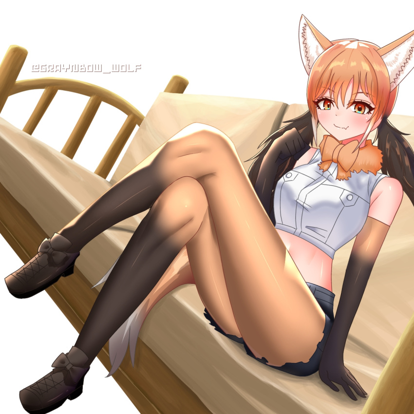1girl, animal_ear_fluff, animal_ears, black_shorts, bow, bowtie, brown_footwear, brown_hair, closed_mouth, couch, cropped_shirt, crossed_legs, cutoffs, dutch_angle, elbow_gloves, fang, fang_out, footwear_bow, full_body, fur_collar, gloves, hand_rest, hand_up, highres, kemono_friends, knees_up, legs, long_hair, long_legs, looking_at_viewer, maned_wolf_(kemono_friends), midriff, multicolored_clothes, multicolored_gloves, multicolored_hair, multicolored_pantyhose, nijiiro_(graynbow_wolf), on_couch, orange_bow, orange_bowtie, orange_eyes, orange_hair, pantyhose, shirt, shoes, short_shorts, shorts, simple_background, sitting, skin_fang, sleeveless, sleeveless_shirt, smile, solo, stomach, tail, twintails, twitter_username, white_background, white_hair, wolf_ears, wolf_girl, wolf_tail