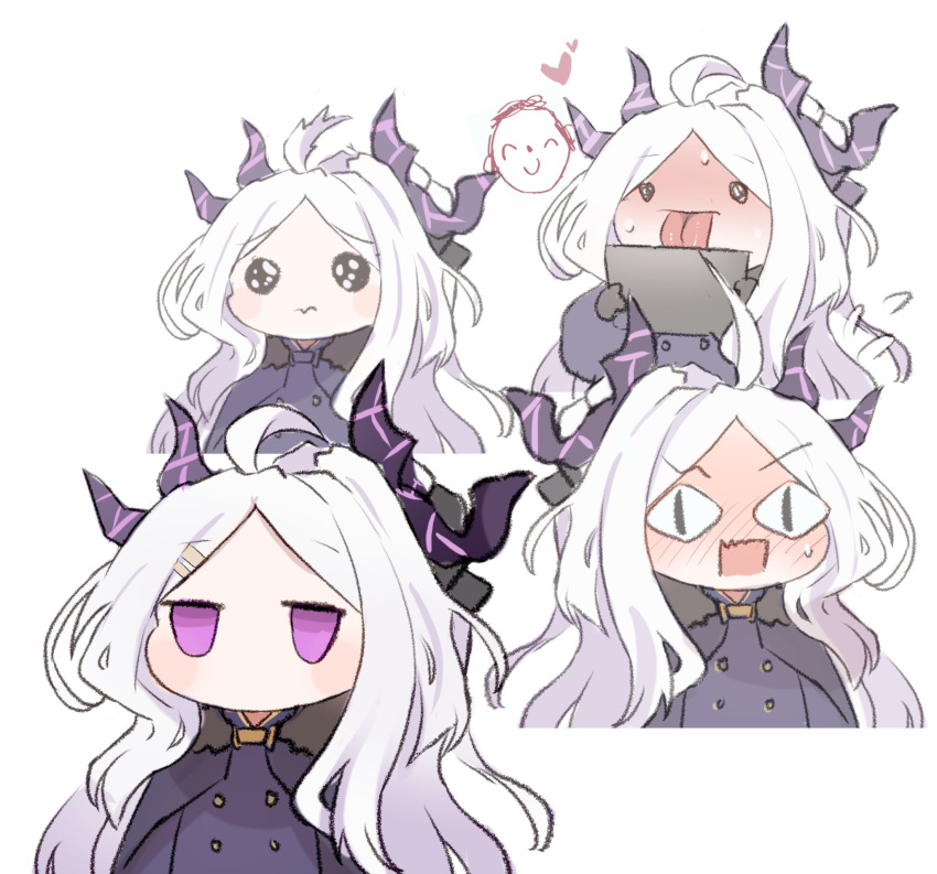 <|>_<|>, 1boy, 1girl, ahoge, arona's_sensei_doodle_(blue_archive), black_gloves, blue_archive, blue_cape, blue_coat, cape, coat, crying_cat_(meme), gloves, hair_ornament, hairclip, highres, hina_(blue_archive), horns, licking, long_sleeves, meme, misaki150280, multiple_horns, multiple_views, purple_horns, sensei_(blue_archive), simple_background, white_background