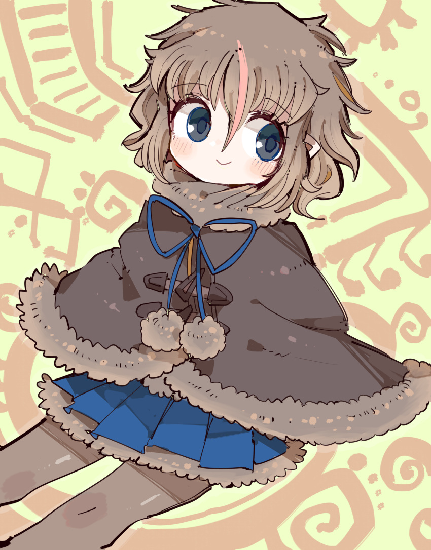 1girl, absurdres, blue_skirt, brown_hair, brown_pantyhose, brown_poncho, closed_mouth, fur_collar