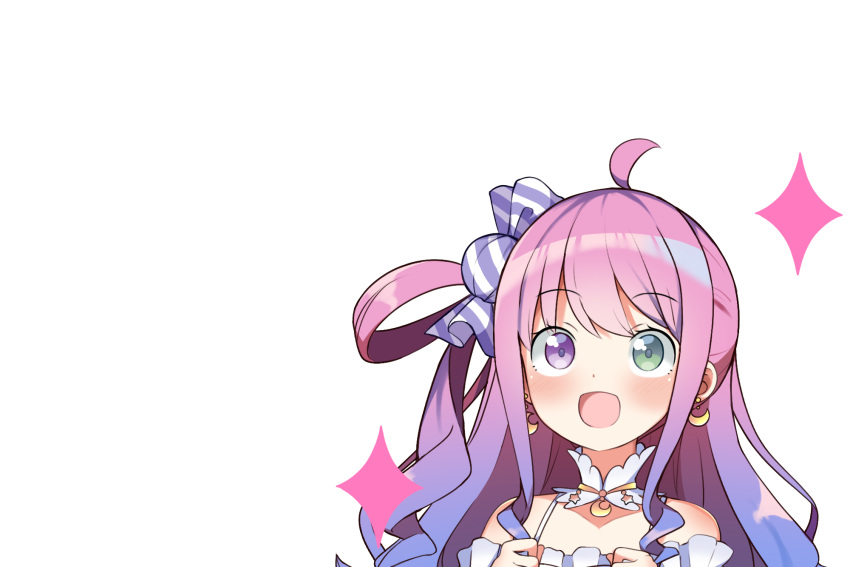 1girl, :d, ahoge, blush, candy_hair_ornament, clenched_hands, detached_collar, dress