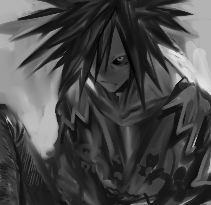 1boy, black_sclera, colored_sclera, greyscale, monochrome, poncho, spiky_hair, splatoon_(series)