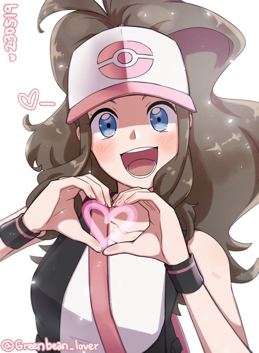 1girl, bag, bare_arms, bare_shoulders, baseball_cap, big_hair, black_vest, black_wristband, blue_eyes, blush, brown_hair, collarbone, hands_up, happy, hat, head_tilt, heart, heart-shaped_pupils, heart_hands, highres, hilda_(pokemon), looking_at_viewer, mikka_tsukiyo, open_clothes, open_mouth, open_vest, own_hands_together, poke_ball_print, pokemon, pokemon_(game), pokemon_bw, shirt, shoulder_bag, simple_background, sleeveless, sleeveless_shirt, smile, solo, symbol-shaped_pupils, twitter_username, upper_body, vest, white_background, white_shirt, wide-eyed, wristband
