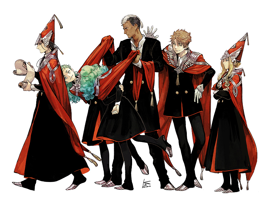 1girl, 5boys, aqua_hair, armor, black_coat, black_dress, black_hair, black_pants