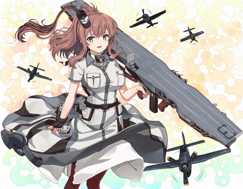 1girl, absurdres, aircraft, black_gloves, blush, breast_pocket, breasts, brown_hair