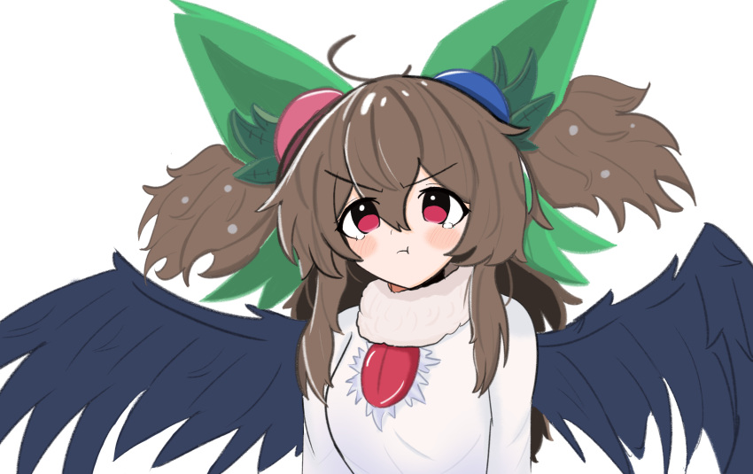 1girl, :t, absurdres, ahoge, alternate_hairstyle, bird_wings, black_wings, blush
