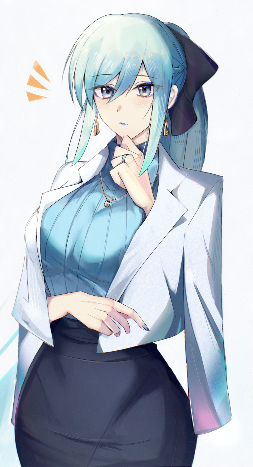 1girl, absurdres, alternate_costume, black_bow, black_skirt, blue_eyes, blue_hair, blue_lips