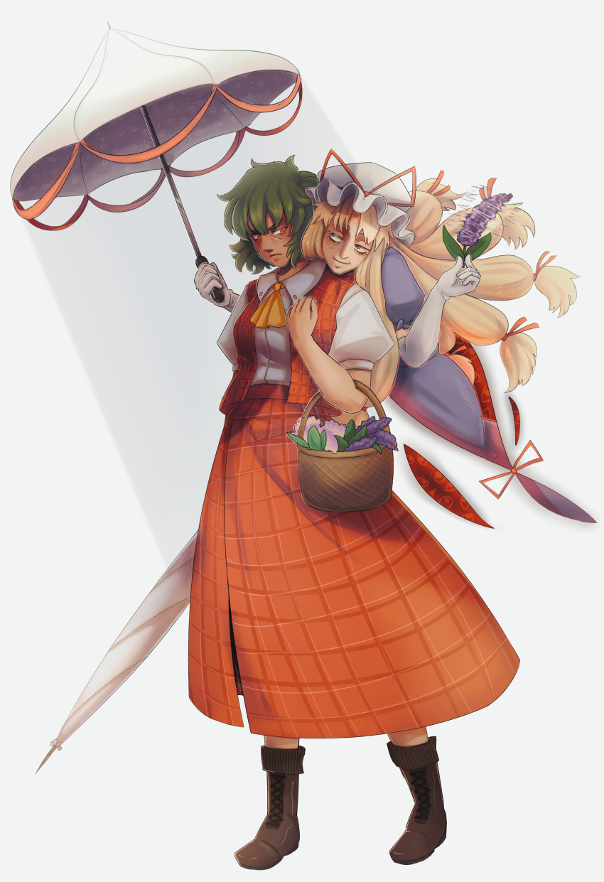 2girls, absurdres, annoyed, ascot, blonde_hair, boots, breasts, brown_footwear, closed_mouth, collared_shirt, commentary_request, dress, elbow_gloves, flower, frown, full_body, gap_(touhou), gloves, green_hair, hat, hat_ribbon, highres, kazami_yuuka, long_hair, long_skirt, looking_at_another, lunaticlunarian, medium_bangs, medium_breasts, mob_cap, multiple_girls, old, old_woman, parasol, plaid, plaid_skirt, plaid_vest, purple_dress, purple_flower, red_eyes, red_ribbon, red_skirt, red_vest, ribbon, shirt, short_hair, sidelocks, simple_background, skirt, skirt_set, smile, touhou, umbrella, very_long_hair, vest, violet_eyes, white_background, white_gloves, white_headwear, white_shirt, white_umbrella, wrinkled_skin, yakumo_yukari, yellow_ascot