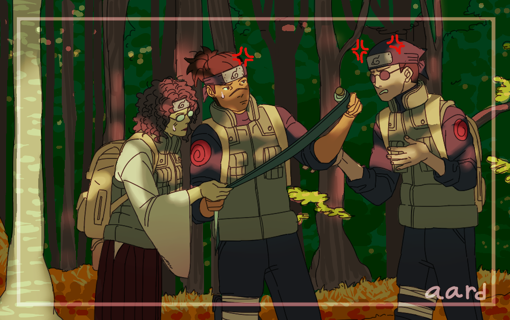 1girl, 2boys, aard, anger_vein, artist_name, backpack, bag, bandana, black_hair, brown_hair, curly_eyebrows, curly_hair, ebisu_(naruto), facial_mark, forehead_protector, forest, glasses, high_ponytail, konohagakure_symbol, long_sleeves, medium_hair, multiple_boys, naruto, naruto_(series), naruto_shippuuden, nature, ninja, outdoors, ponytail, round_eyewear, scar, scar_on_face, short_hair, sunglasses, suzume_(naruto), teeth, umino_iruka, uzumaki_symbol