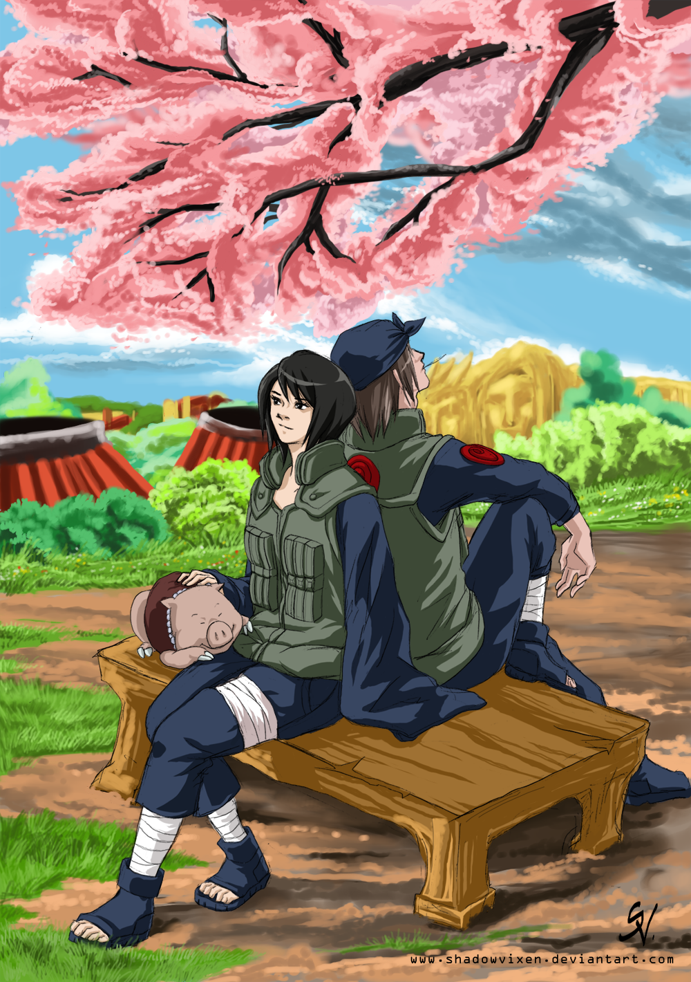 1boy, 1girl, animal, back-to-back, bandana, black_hair, brown_hair, closed_mouth, day, full_body, highres, jewelry, naruto, naruto_(series), necklace, ninja, outdoors, pearl_necklace, pig, shadowvixen, shiranui_genma, shizune_(naruto), short_hair, signature, sitting, sleeping, tonton_(naruto), toothpick, tree, web_address