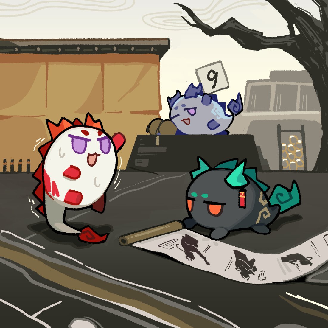 ;3, ;d, animalization, arknights, balancing_on_tail, bare_tree, building, dragon, dragon_bubble_(arknights), dusk_(arknights), gourd, grey_sky, horn_ornament, horns, jitome, ling_(arknights), nian_(arknights), no_humans, one_eye_closed, open_mouth, orange_eyes, outdoors, scorecard, scroll, sky, smile, sweat, tassel, tree, vento, violet_eyes