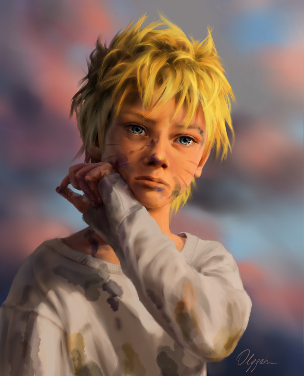 1boy, aged_down, blonde_hair, blue_eyes, closed_mouth, crying, crying_with_eyes_open, facial_mark, highres, male_focus, naruto, naruto_(series), olggah, realistic, short_hair, signature, solo, solo_focus, spiky_hair, tears, uzumaki_naruto, web_address, whiskers