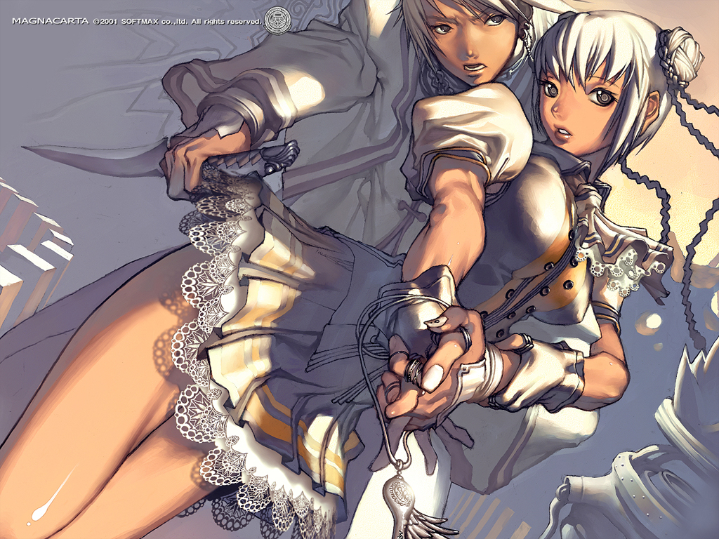 braid, brown_eyes, bun_cover, calintz_jerevinan, dagger, double_bun, dutch_angle, hyung_tae_kim, knife, lace, magna_carta, magna_carta:_the_phantom_of_avalanche, skirt, twin_braids, wallpaper, weapon, white_hair