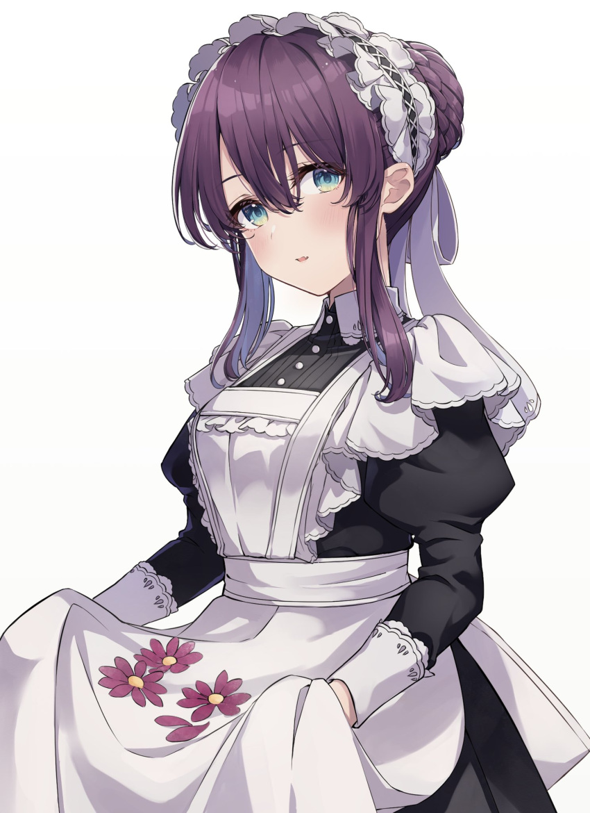 1girl, ao_no_neko, apron, apron_basket, black_dress, braid, braided_bun, cowboy_shot