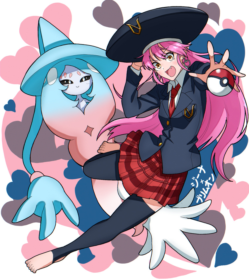 1girl, :d, black_headwear, black_thighhighs, character_name, earrings, fang, full_body, gina_(undead_unluck), hand_up, hat, hatterene, heart, highres, holding, holding_poke_ball, jewelry, long_hair, long_sleeves, necktie, pink_hair, plaid, plaid_skirt, poke_ball, pokemon, pokemon_(creature), red_necktie, red_skirt, shishiruto, skirt, smile, stirrup_legwear, suit, thigh-highs, toeless_legwear, undead_unluck, very_long_hair