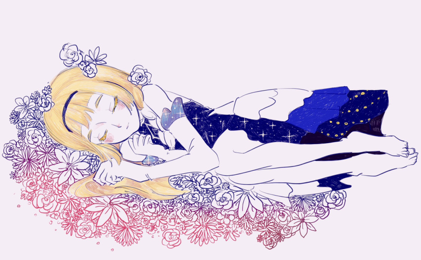 blonde_hair, closed_eyes, gloves, highres, lillie_(anniversary_2021)_(pokemon), lillie_(pokemon), lying, otonoha_aika
