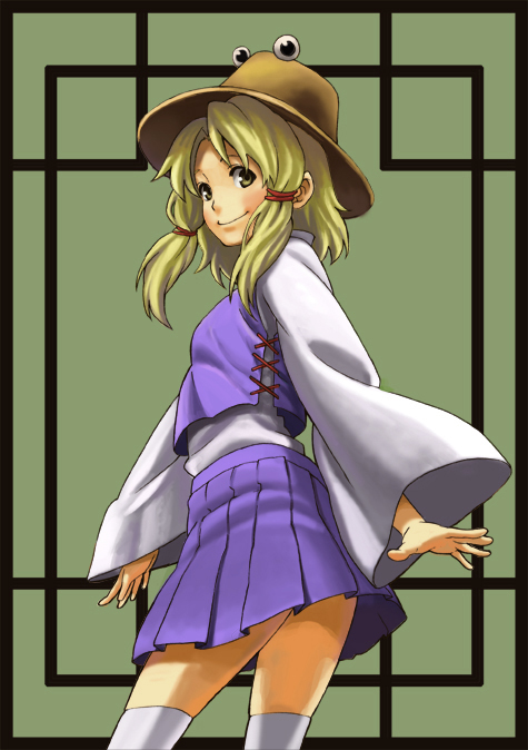 blonde_hair, haru_misaki, hat, looking_back, moriya_suwako, skirt, smile, solo, thighhighs, touhou