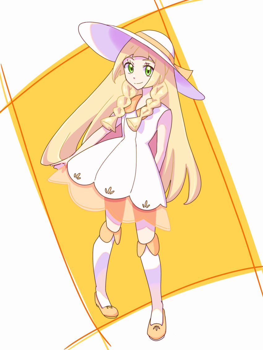 blonde_hair, boots, dress, green_eyes, hat, highres, lillie_(nihilego), lillie_(pokemon)