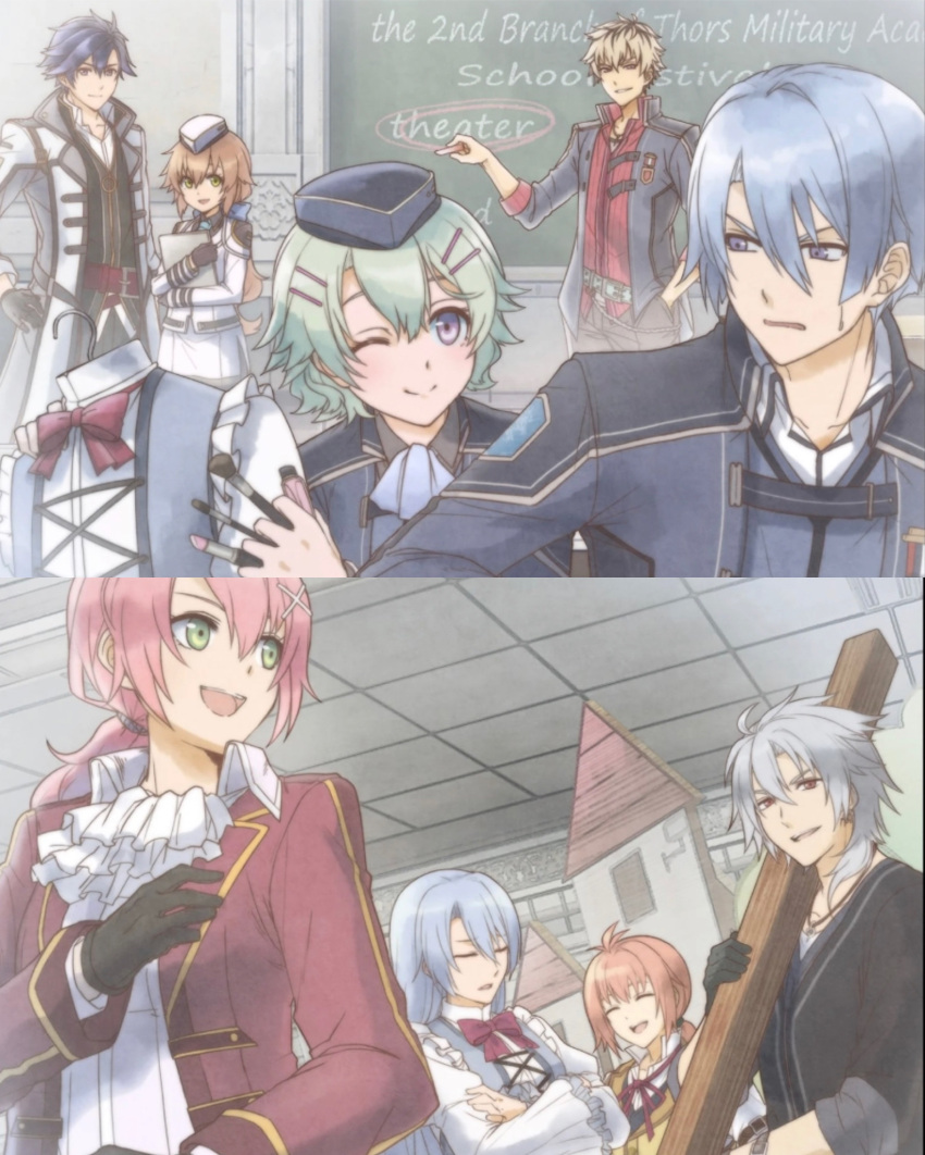 3girls, 5boys, ahoge, aristocratic_clothes, ash_carbide, black_hair, blue_eyes, blue_hair