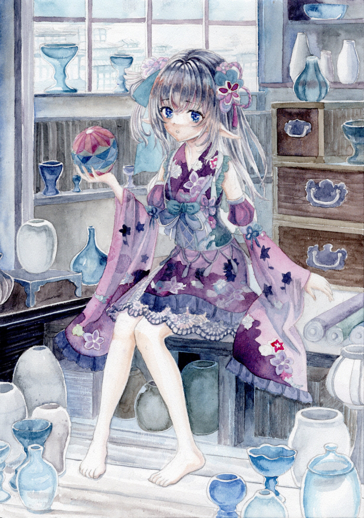 1girl, barefoot, black_hair, blue_bow, blue_eyes, blue_ribbon, bow, detached_sleeves, full_body, hair_ribbon, holding, japanese_clothes, kimono, kyuui, long_hair, open_mouth, original, painting_(medium), pointy_ears, purple_kimono, ribbon, shelf, sitting, solo, traditional_media, vase, watercolor_(medium), window