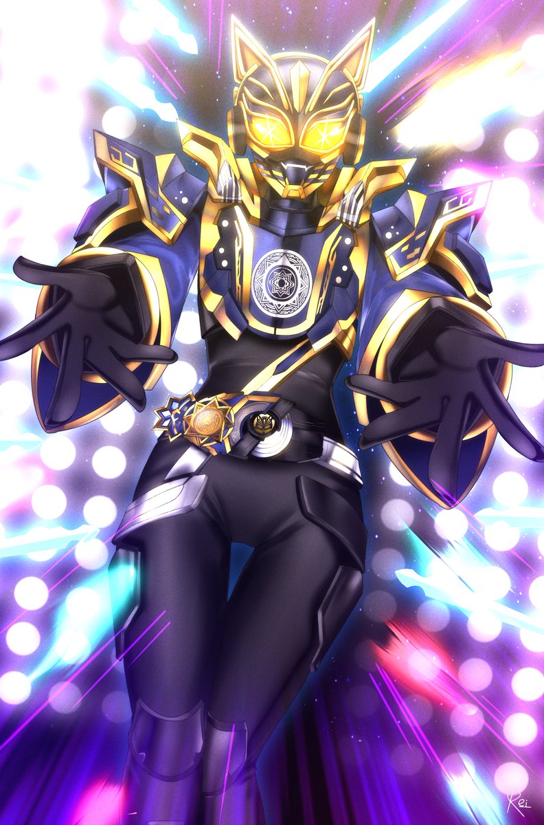 1girl, black_bodysuit, black_gloves, blue_armor, blue_sleeves, bodysuit, commentary_request, contrapposto, driver_(kamen_rider), fangs, fantasy_buckle, fingernails, foreshortening, gloves, glowing, glowing_eyes, gold_trim, highres, horns, id_core, incoming_attack, kamen_rider, kamen_rider_geats_(series), kamen_rider_na-go, legs_together, looking_at_viewer, magic, open_hands, raise_buckle, reiei_8, rider_belt, stage, stage_lights, tokusatsu, yellow_eyes