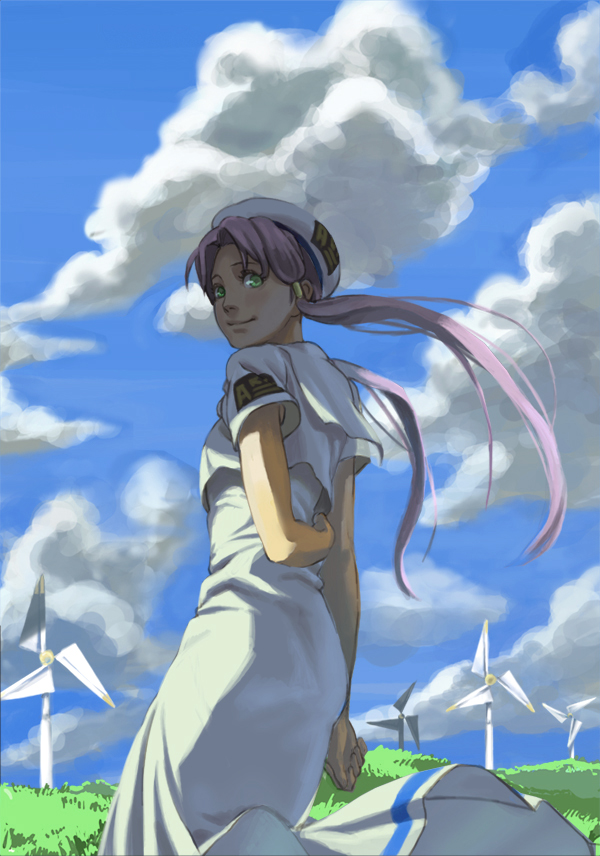 cloud, clouds, dress, face, haru_misaki, hat, looking_back, mizunashi_akari, short_sleeves, sky, smile, solo, wind