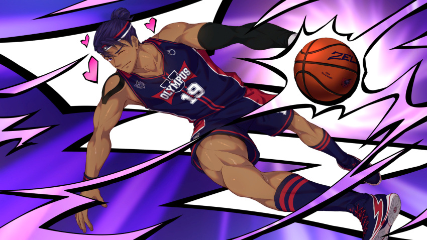1boy, ball, basketball_(object), basketball_jersey, basketball_uniform, blue_footwear, blue_shorts, blue_socks